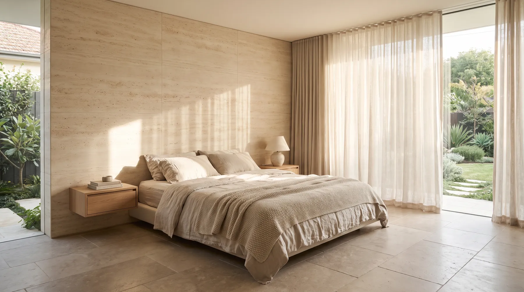 the bedroom: Antique Black limestone, a full wall at the bed.