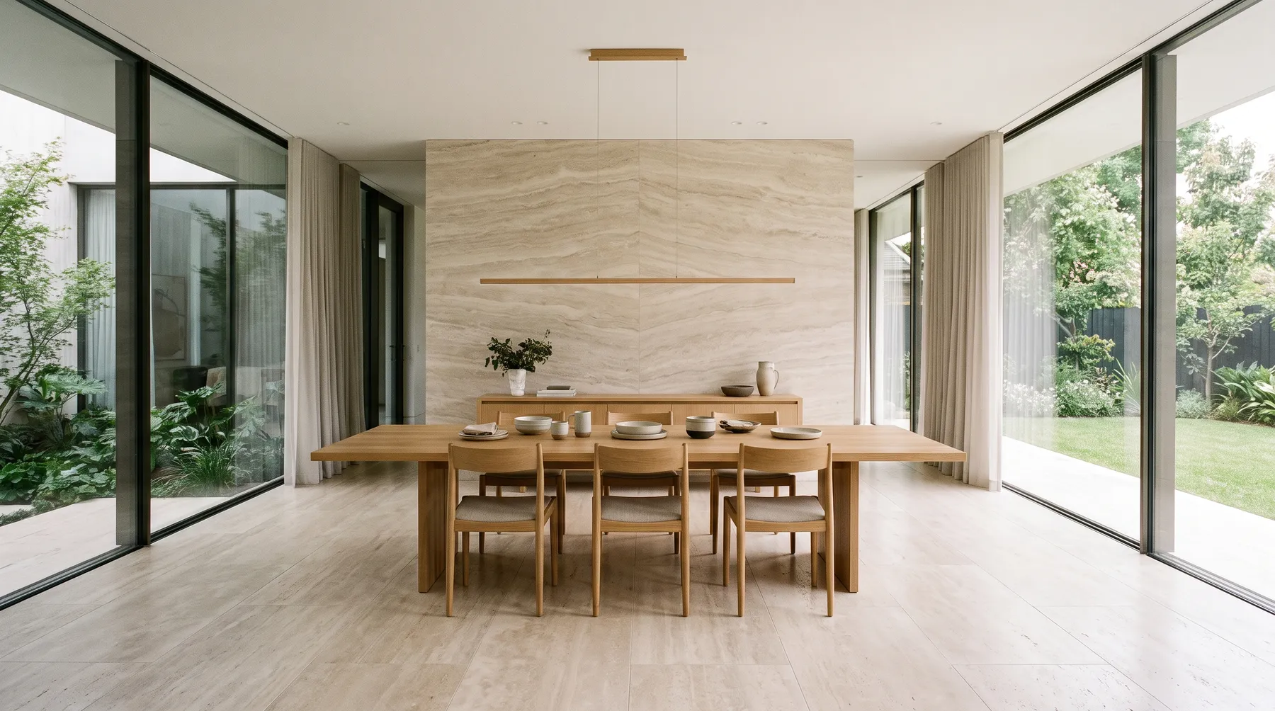 the dining room: Caramel travertine underfoot, honed and filled.