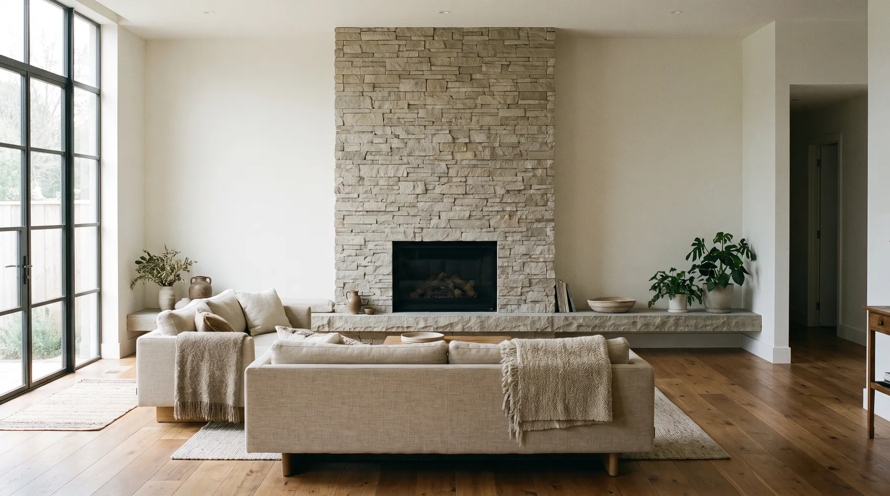 the hearth: Split-face stone veneer around the fire.