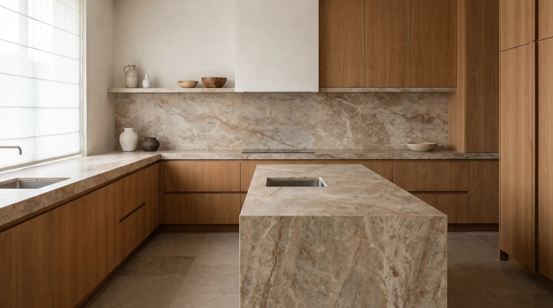 the kitchen: Black Pearl granite, honed to a working face.