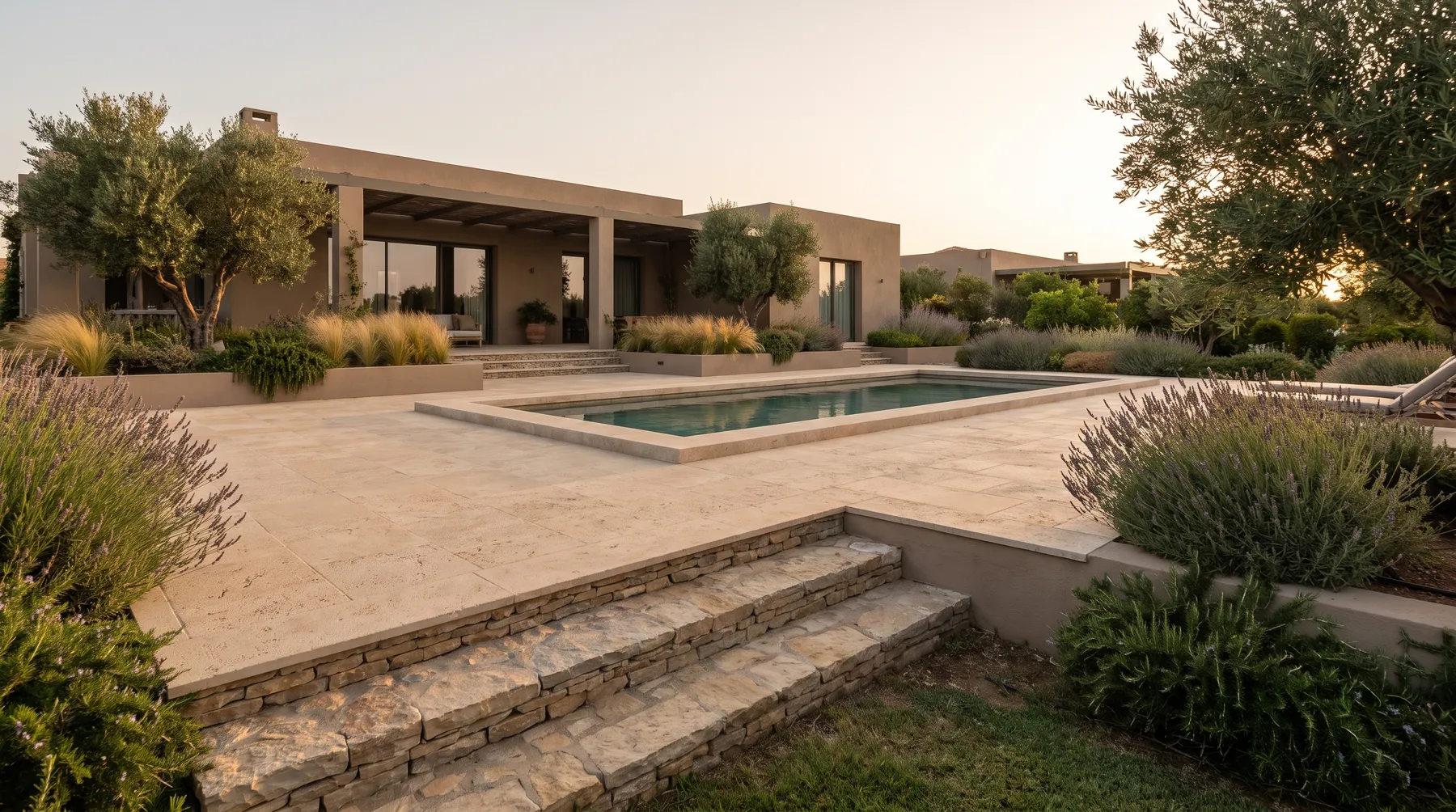 the pool deck: Sandstone pavers and coping, laid to the edge.
